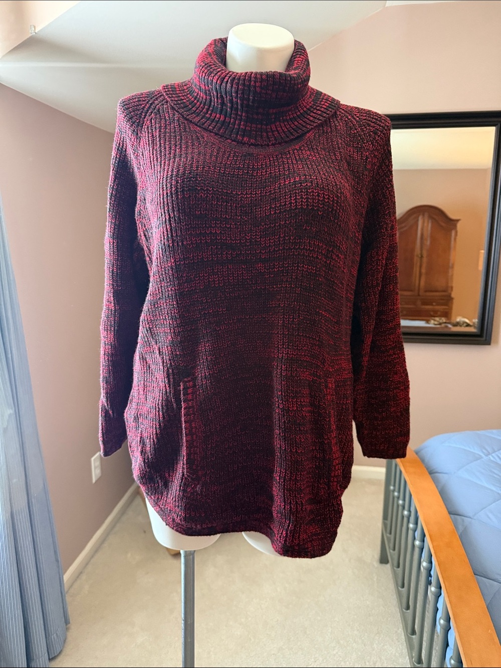 Turtleneck Pocket Sweater Tunic in Red and Black